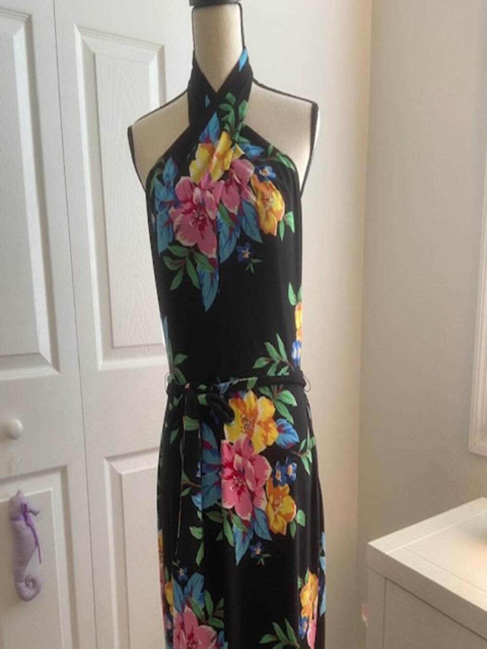 Lovely Ralph Lauren Black Floral belted Cocktail Dress - Size 10 NWT